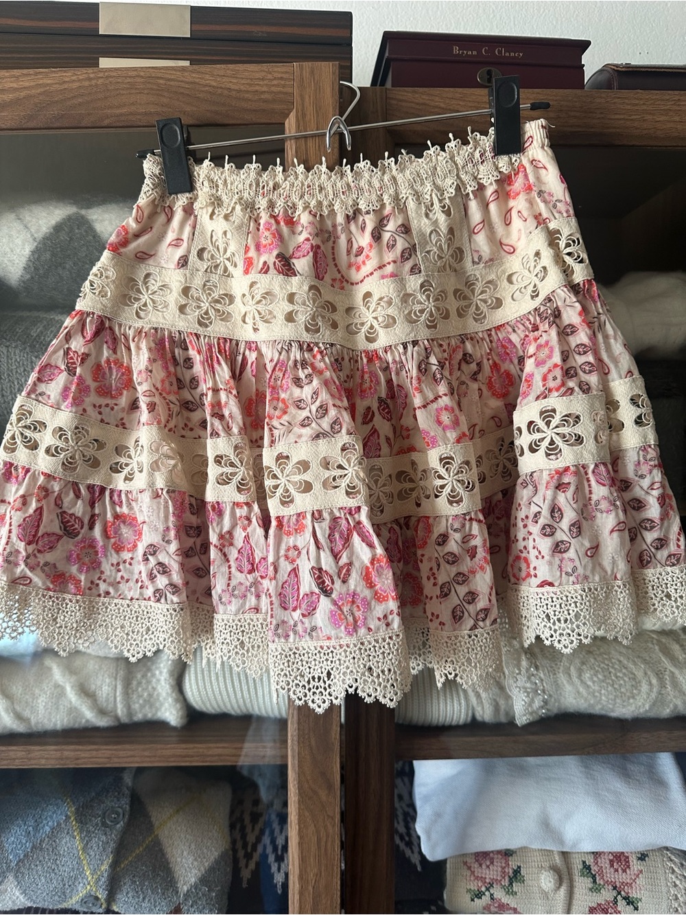 Cream Mini Skirt with Pink Floral Pattern and Crochet Trim